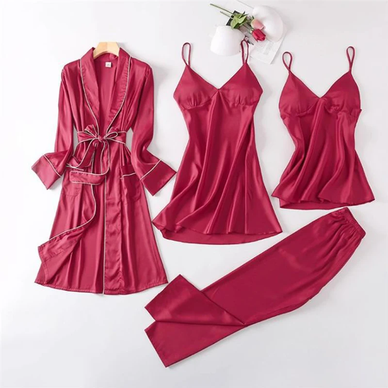 

Woman's Clothes Robe Sets Pijama Sexy Lace Suspender Pijamas Women Four-piece Suit Homewear Ice silk Summer Comfort Underwear
