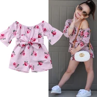 children toddler kids clothes baby girls floral printed romper off shoulder flare sleeve bow striped jumpsuit playsuits outfits