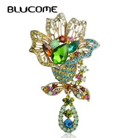 blucome shining big green flowers brooches for women vintage crystal brooch corsage women sweater hats scarf suit jewelry pins