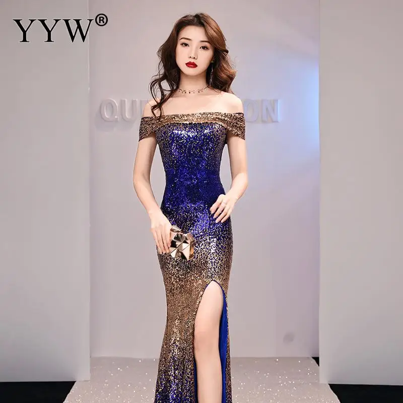 Сексуальное вечернее платье с открытыми плечами и блестками женское длинное