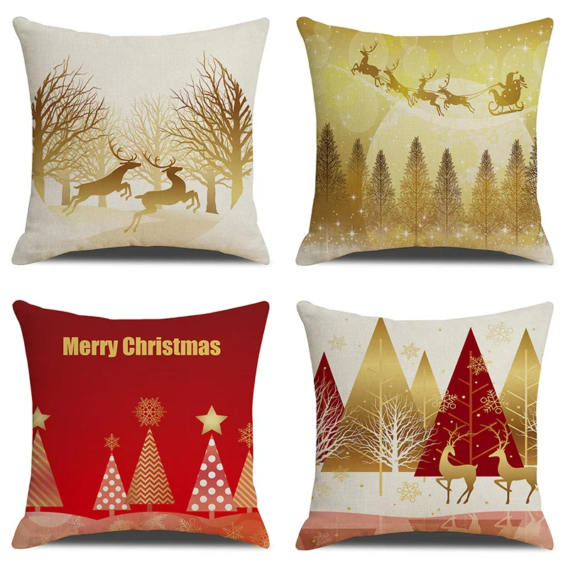 Рождественская наволочка льняная с принтом золотого оленя интерьерная для дома