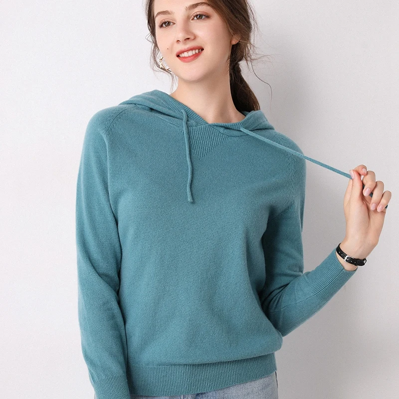 

Women's Top 100% Wool Hooded Sweater Solid Color Slim Cashmere Sweater Short Warm Thickening Stretch Sweatshirt
