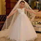 Новые платья для девочек с цветами на свадьбу, бальное платье, тюлевые платья без рукавов с аппликацией для первого священного причастия, пышные платья для маленьких девочек