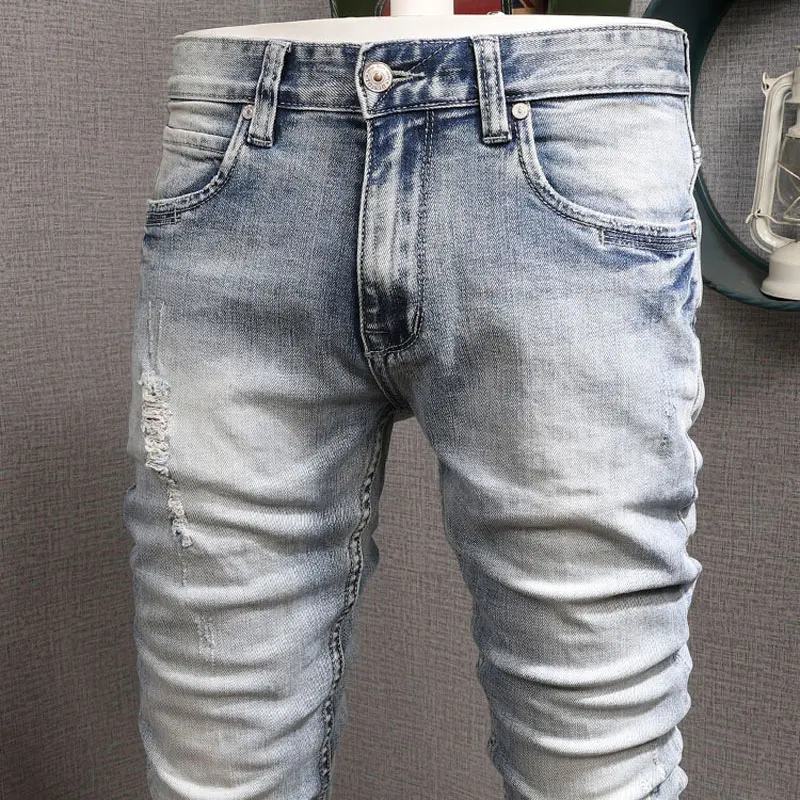 European Vintage Fashion Men Jeans Retro Light Blue Elastic Slim Ripped Jeans Men Embroidery Designer Korean Casual Denim Pants