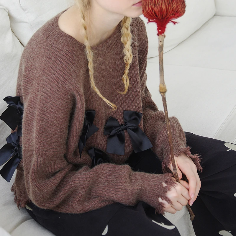 imakokoni brown bow sweater original design Japanese sweet long-sleeved shirt female autumn and winter 182461 | Женская одежда