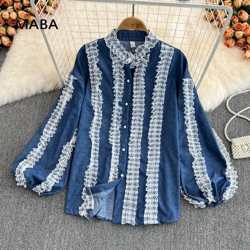 

Женская джинсовая кружевная рубашка, винтажная дизайнерская Свободная рубашка в стиле пэчворк с воротником-стойкой и рукавами-фонариками, ...
