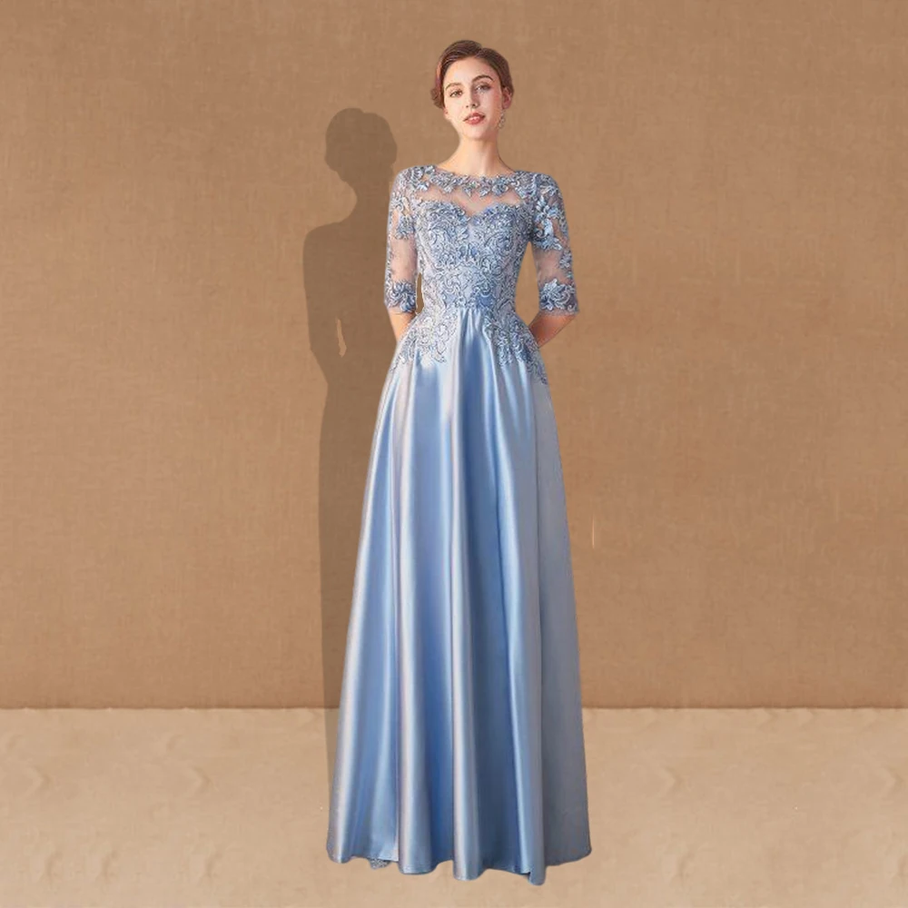 

Nave Blue Satin Mother Of The Bride Dresses A Line Sheer Neck Illusion Half Sleeves Formal Party Gown For Wedding Woman Vestidos