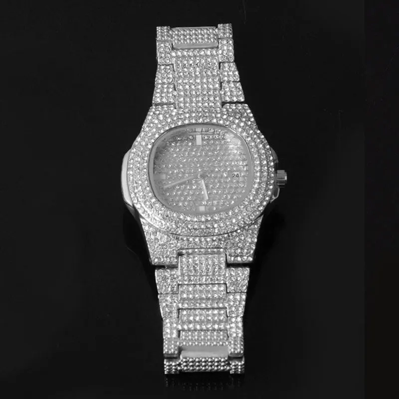 Хип-хоп роскошные часы со льдом + браслет Дата кварцевые наручные с Micropave CZ из