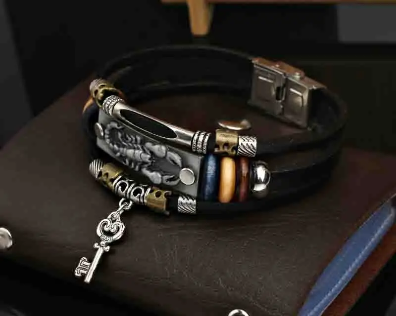 Многослойные мужские браслеты в стиле ретро с скорпионами кожаный браслет