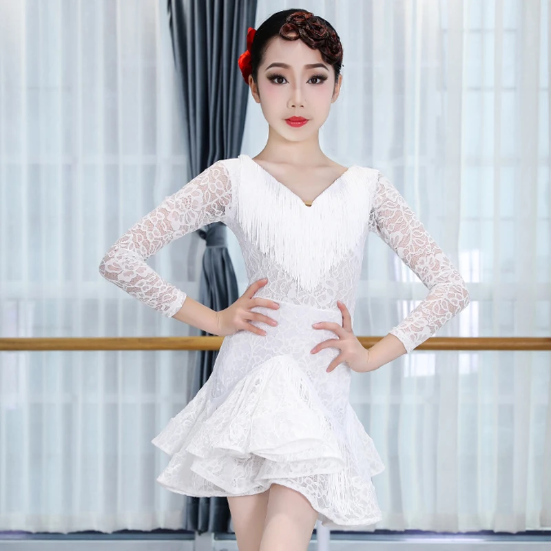 Платье для латиноамериканских танцев девочек с v образным вырезом и бахромой