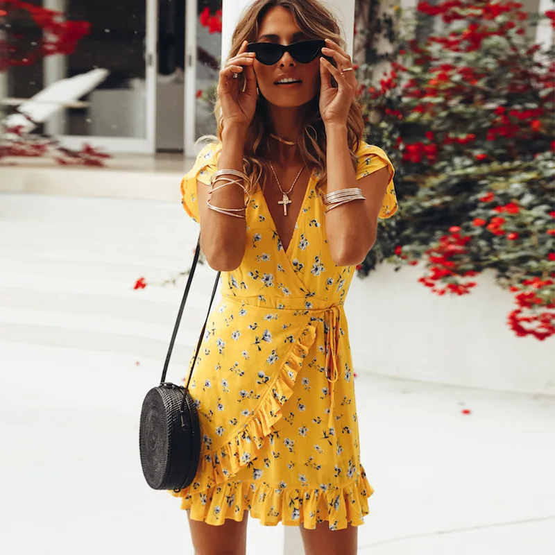 

Boho Floral Printed Women Dress Sexy V-Neck Short Sleeve Ruffles Bandage Summer Female Beach Dresses Vestidos W658