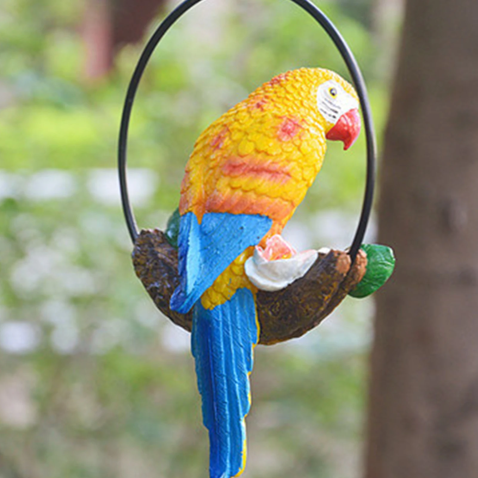 

Hanging Parrot Statue Perch On Metal Ring Birds Model Lawn Ornament Innovative Iron Ring Parrot Home Desktop Garden Decoration