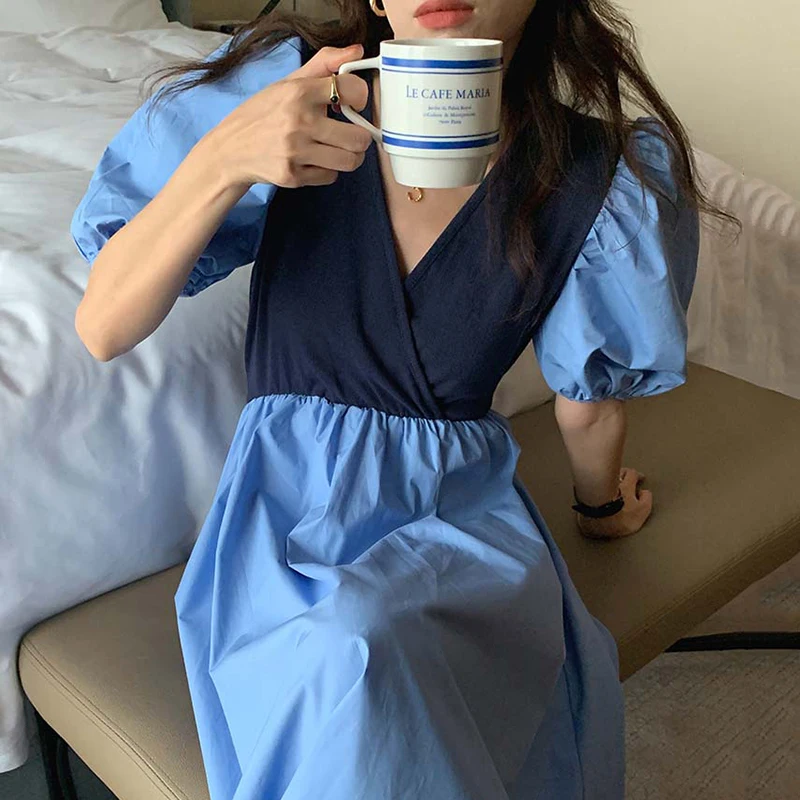 

Summer New Retro Thin Vestidos Female V-neck Contrast Color Stitching Fake Two-piece Strap Waist Puff Sleeve Midi Dress KK164