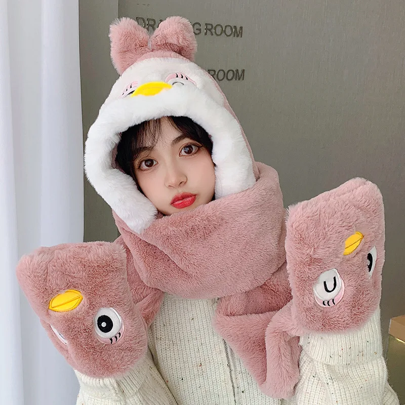 

Шапка 3 в 1, перчатки и шарф с ушами, теплый зимний женский шарф с шапкой из искусственной овечьей шерсти, милые головные уборы для девочек, сн...