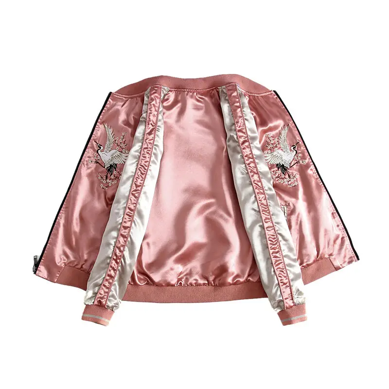 Куртка бомбер женская с вышивкой атласная бейсбольная верхняя одежда