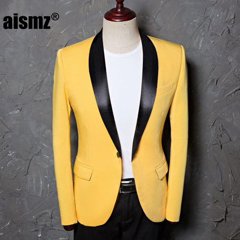 Aismz Мужская размера плюс Классическая шаль лацкане Slim Fit пиджак Повседневный желтый блейзер дизайн костюм сценическая одежда для певцов