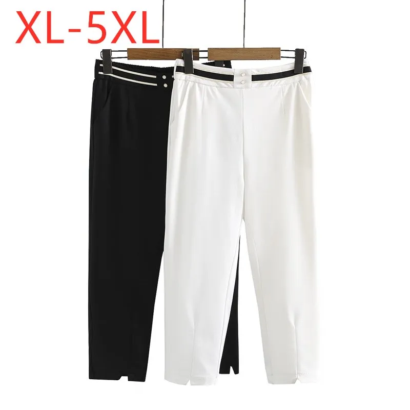 

New 2021 Ladies Summer Plus Size Cropped Pants For Women Large Slim Elastic Casual White Black Trousers 3XL 4XL 5XL