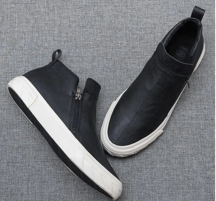 black with white autumn new fashion street cool men simple zipper pu leather casual shoes man trend leather shoes loafers - Цвет: black with white