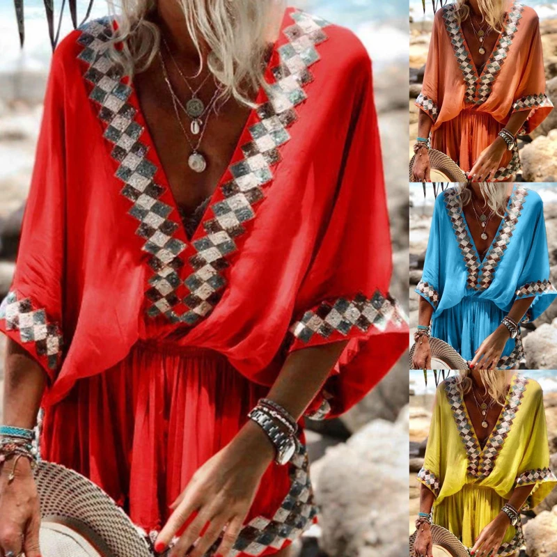 

2021 Beach Long Skirt Print Dress Foreign Trade National Style women's European And American Dress Simia Spot V-neck Dress