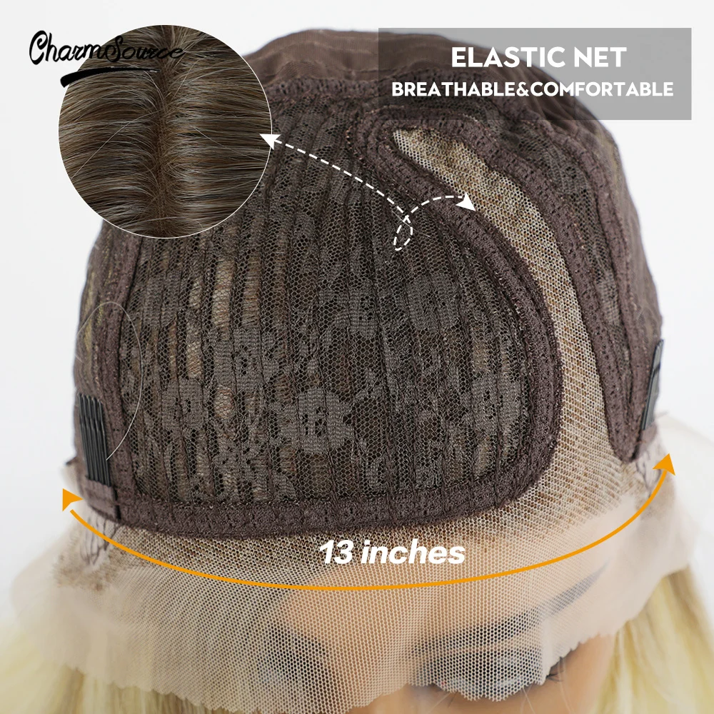 

CharmSource Medium Long Wavy Lace Part Synthetic Wig Blonde Brown for Women Daily Hair High Density Heat Resistant