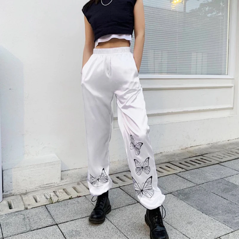 

Women's Fashion Butterfly Printed Pants Sports Running Pants Casual Pants White