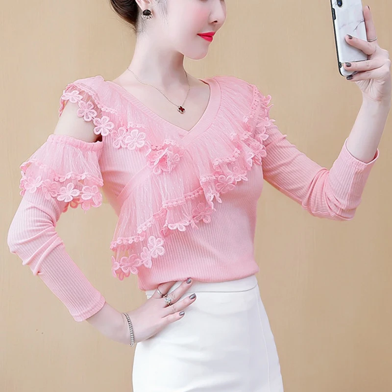 Вязаное платье с кружевами 2021 Новая Осенняя кружевная рубашка длинным рукавом