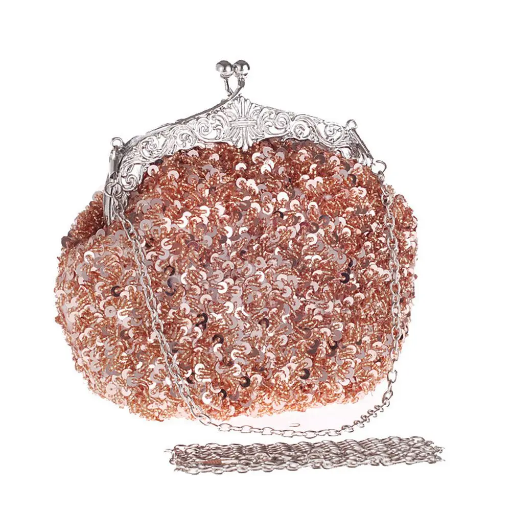

Women Kiss-Lock Sequin Beaded Wedding Evening Bag Female Bag with Chain Shoulder Strap Elegant Cross Body Bag for Party Bridal