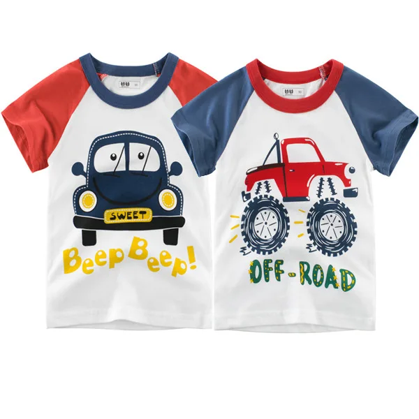 Летний детский топ для мальчиков модный с короткими рукавами и рисунком машины