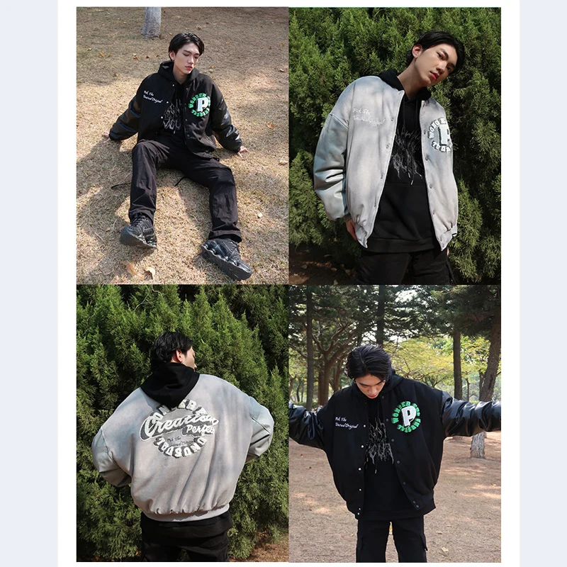 

Hip Hop Letter Printing Suede Baseball Jacket Mens Spring Autumn Harajuku Streetwear Patchwork Thick Bomber Couple Varsity Coats