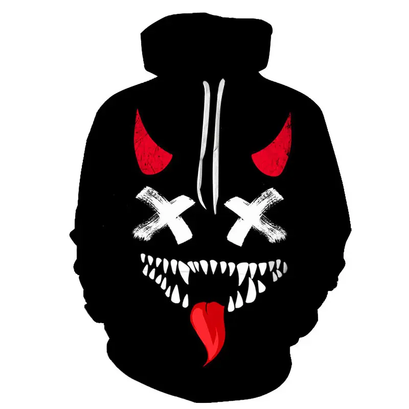 

XXOO - Demon Smiley Print Hoodie for Men, Long Sleeve Sports Sweatshirt Trendy Evil Face Customizable Clothing Fall