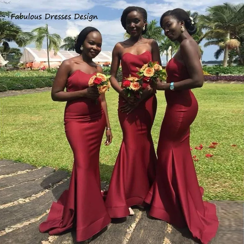

Burgundy Sweetheart Strapless Bridesmaid Dresses Mermaid African Long Wedding Party Dress 2021 Cheap Vestido De Fiesta De Boda