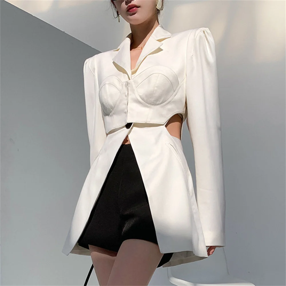 

Women's 2021 Autumn Winter Jacket New Items Women's Shoulder Pad Waist Patchwork Hollow Out Fashion Solid Color Small Suit Coat