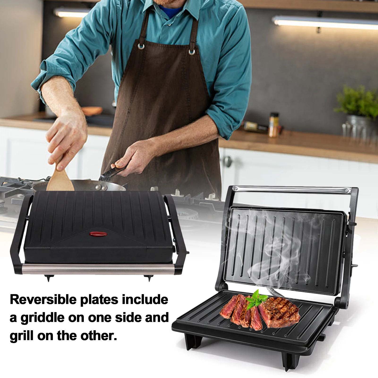 Купить Электрический внутренний гриль, гриль открывается от плоской до двойной, двусторонние антипригарные пластины для приготовления пищи, сков...