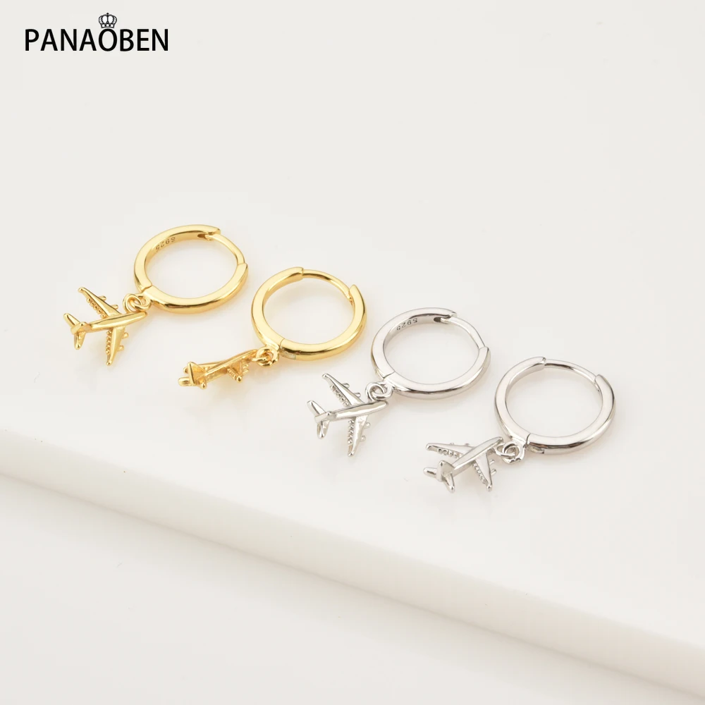 

PANAOBEN 925 Sterling Silver earrings for women Gold Aros Avioneta Aircraft Drop Earring Piercing Pendiente Clips Jewelry Gift