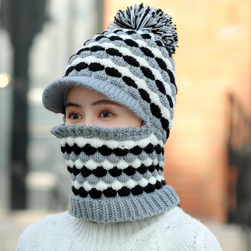 Зимние шапки женская вязаная шапка теплая меховая помпон черепки шапочки для