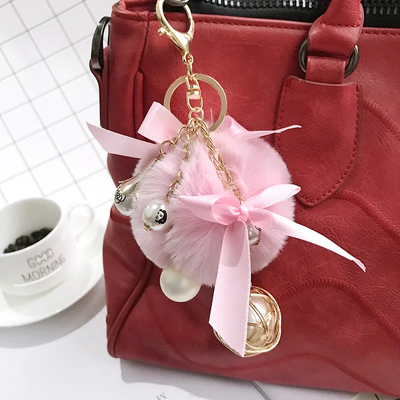 

New Autumn And Winter Plush Key Ring Rex Rabbit Fur Pearl Ornaments Handbag Pendant Key Chain Tassel Hair Ball Key Chains