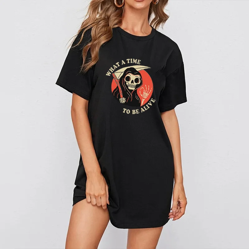 

Dress Mini Women Loose Summer Skull Print T-Shirt Dresses Korean Short Sleeve Casual Streetwear Pullover Dress Vestido