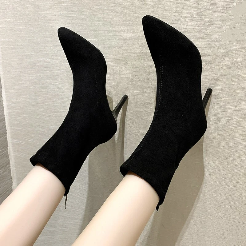 

Sexy Pointed stiletto botas mujer 2020 fashion suede mid-calf high heels riding boots women back zip elastic motorcycle booties