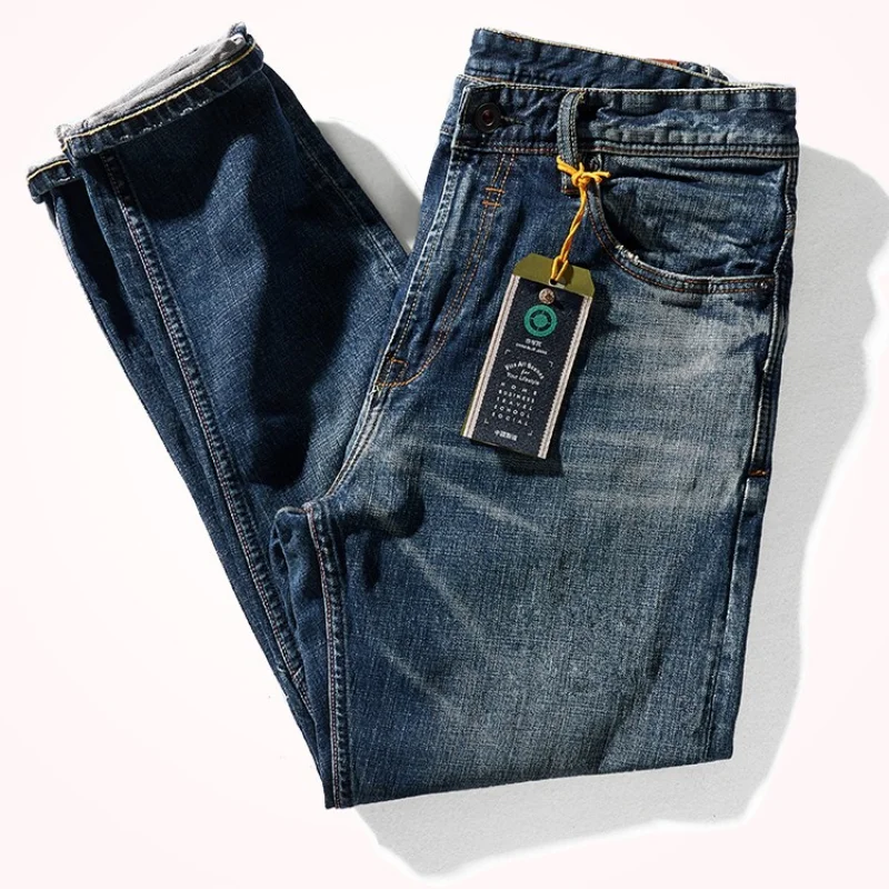 Japanese-Style Retro Jeans Men 's Autumn and Winter Thick Stretch Worn Looking Washed-out Straight -Leg Denim Trousers
