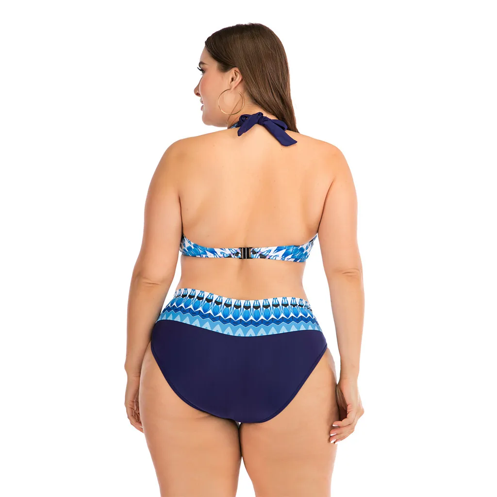 

Halter Lace Up Swimsuit Plus Size Bikini 4xl Stripe Print Backless Swimsuit High Waist Swimwear Sexy Bathing Suit A20