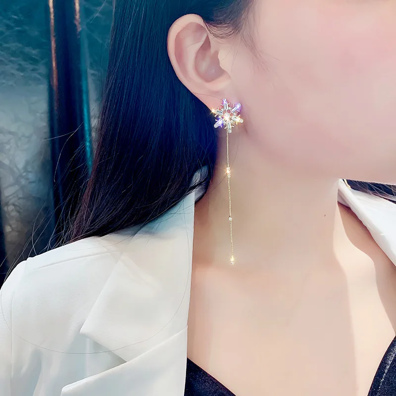 FYUAN Изысканная серьга из горного хрусталя для женщин Bijoux Длинная кисточка подвеска в виде снежинки серьги Свадебные украшения для невесты подарки