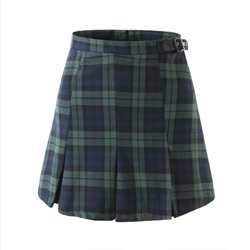 

2021 Women Buckle Belt High Waist Plaid Mini Pleated mini Skirt England Vintage Package Hips Zipper bm y2k Student Short Skirts