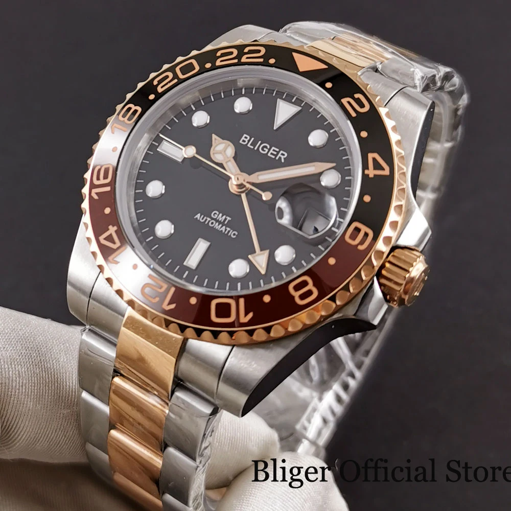 

BLIGER Brand Root Beer Rose Gold Automatic Men Watch Sapphire Glass GMT Hand Date Window Mental Strap Ceramic Bezel