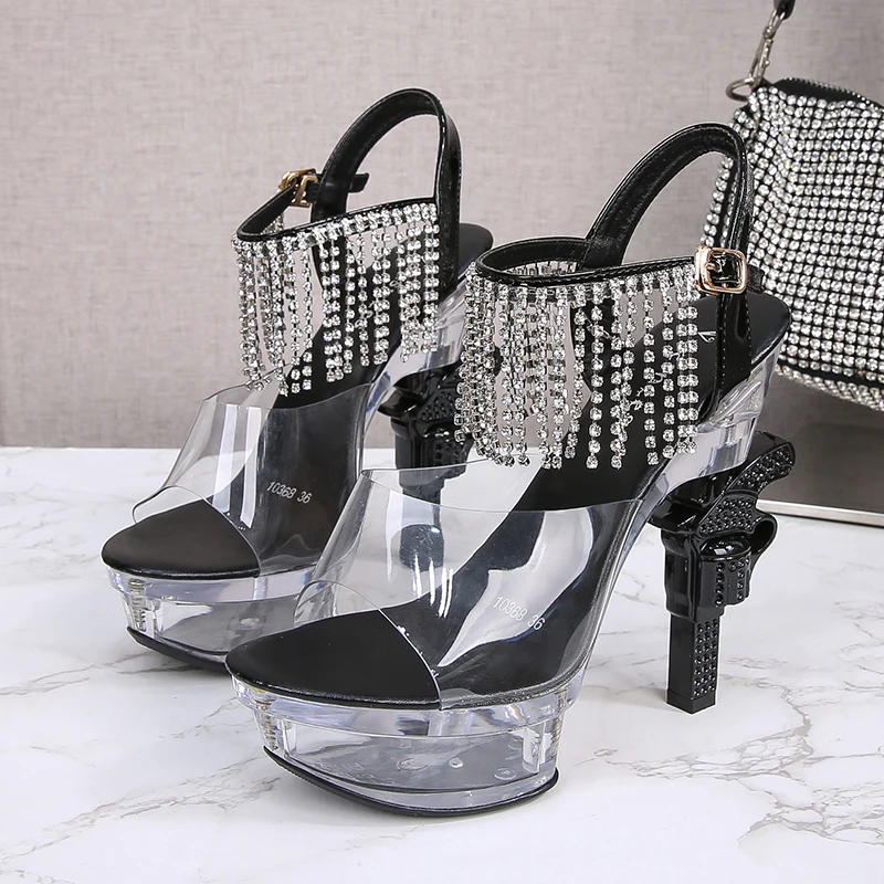 

Sexy Crystal Platform PVC Peep Toe Ladies Shoes Rhinestone Tassel Word Buckle Strange Heel Type Candy Color Summer Sandals 2021