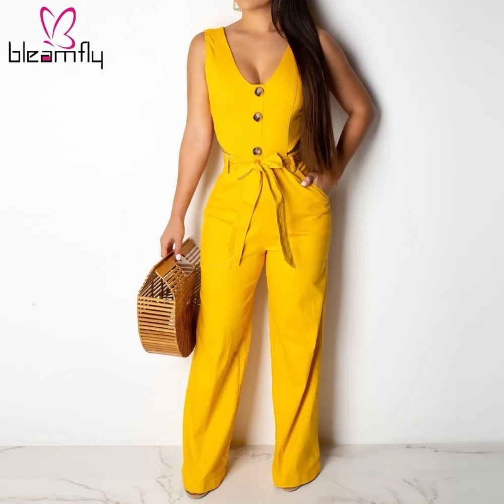 Элегантный женский комбинезон с v образным вырезом без рукавов желтый белый