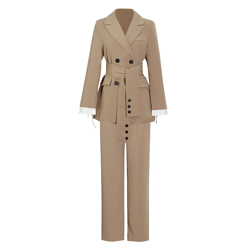 

VGH Black Korean Two Piece Set For Women Notched Long Sleeve Sashes Blazer High Waist Wide Leg Pants Casual Sets Female Fashion