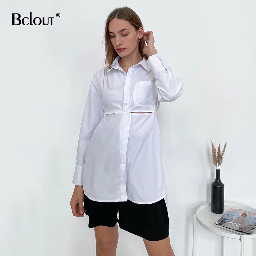 

Bclout Casual Cross Patchwork Blouses Chic Hollow Out Fashion White Shirts Women Long Sleeve Single Breasted Lace-Up Tops Female