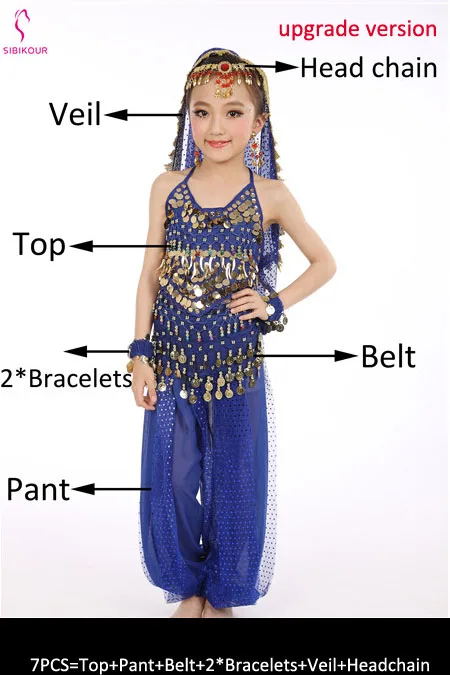 Royal Blue 7pcs 8 цветов детский набор костюма для танца живота Восточные Танцевальные костюмы для девочек Египетский Болливуд индийский танец живота одежда - Цвет: Royal Blue 7pcs