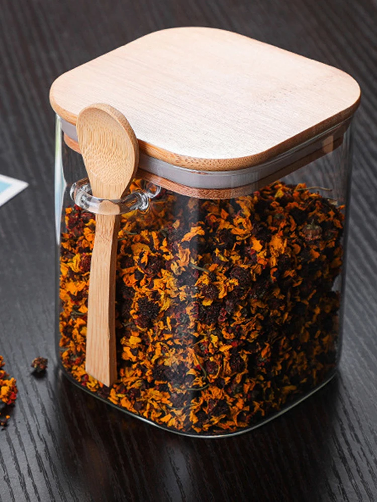 

Kitchen Spice Jar Condiment Container With Spoon And Airtight Wooden Lid Seasoning Box Dry Storage Canister High-grade Glass