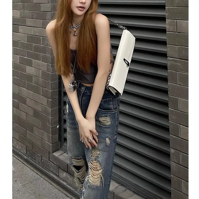 Vintage Ripped Jeans Denim Hippie Pants Hip Hop Do Old Straight Leg Women Low Waist Grunge Hole Streetwear y2k | Женская одежда